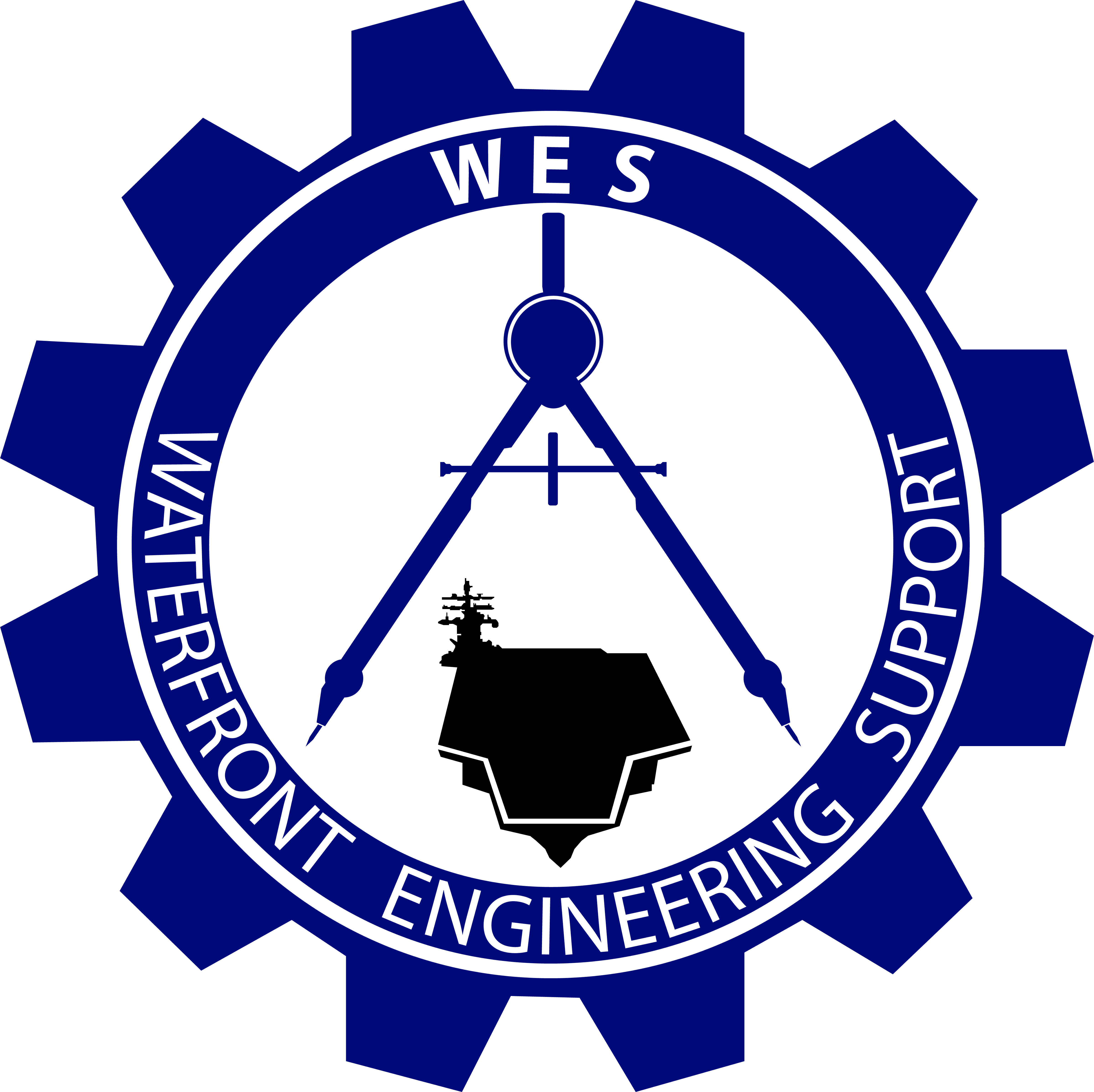 Logo featuring a gear with a tool used to measure sea charts over the silhouette of an aircraft carrier flight deck. 